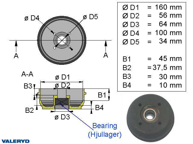 Bremsetrommel Tilhenger 160*35 4*100 Knott med kompaktlager